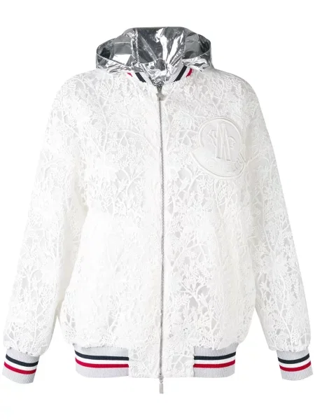 Geacă Moncler Gamme Rouge cu broderie cu glugă alb