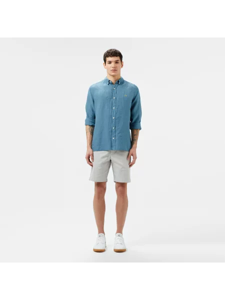 Lacoste Lniana Koszula Button-Down Regular Fit niebieska