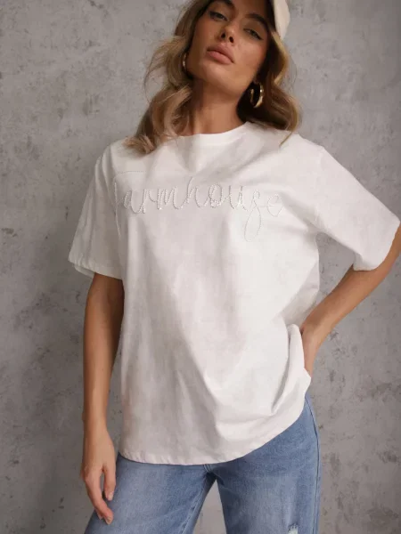 Oversizowy T-shirt z Bawełny Zdobiony Haftem z Cekinami Marivia biały