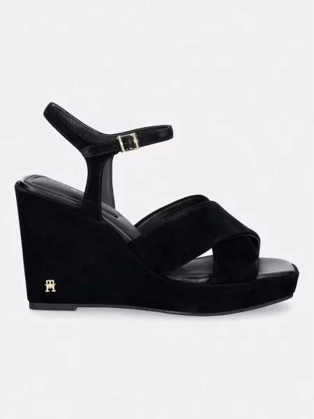 Tommy Hilfiger sandali s polno iz semiša SUEDE WRAPPED HIGH WEDGE črna