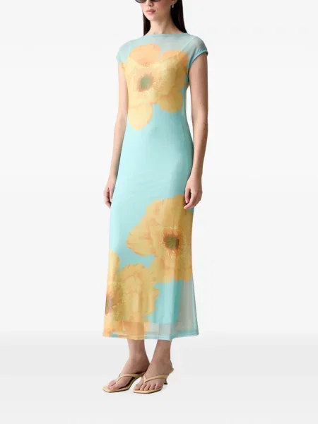 Rochie midi Never Fully Dressed cu model floral cu imagine plasă albastru