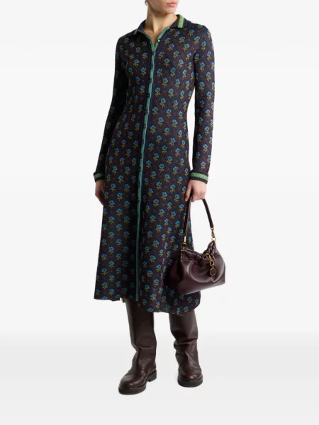 Rochie tip cămașă Etro cu model floral din jacard albastru