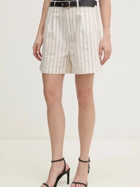 Pepe Jeans szorty lniane HENAR wzorzyste high waist beżowy