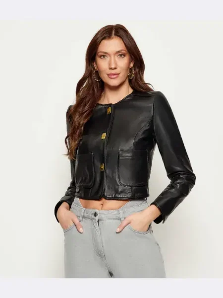 Elisabetta Franchi Geacă de piele | Cropped Fit negru