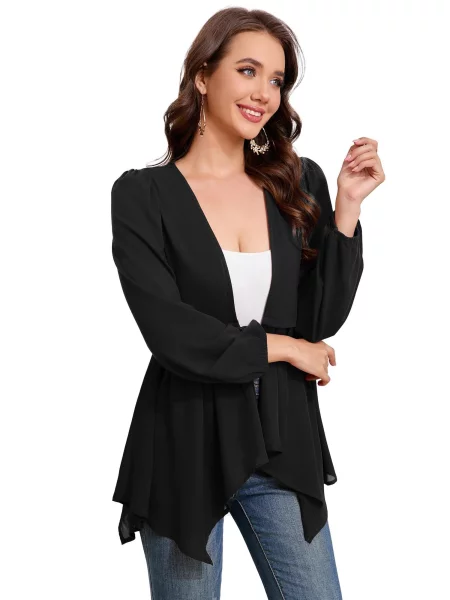 KoJooin Blejzr Damen-Cardigan mit drapierter Vorderseite langen Ärmeln und asymmetrischem Wasserfallsaum leicht' černá
