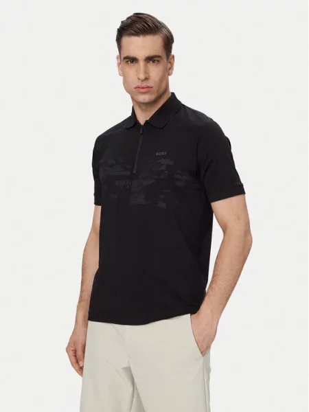 BOSS Tricou polo Pl Globe Pattern negru