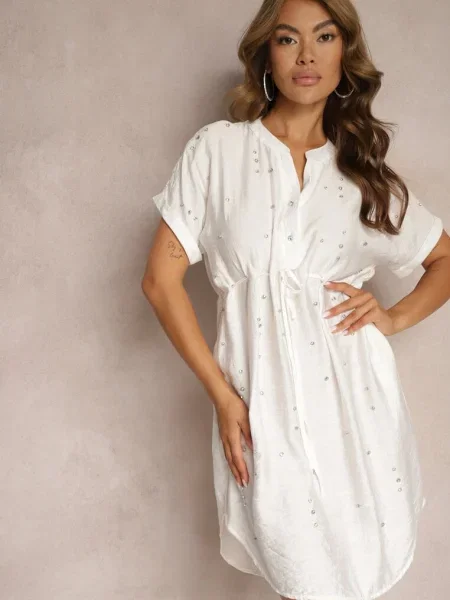 Rochie Stil Cutie cu Funda în Talie și Decorată cu Pietre Strălucitoare Quilefia albă
