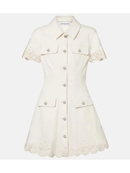 Rochie din denim Self-portrait cu broderie alb