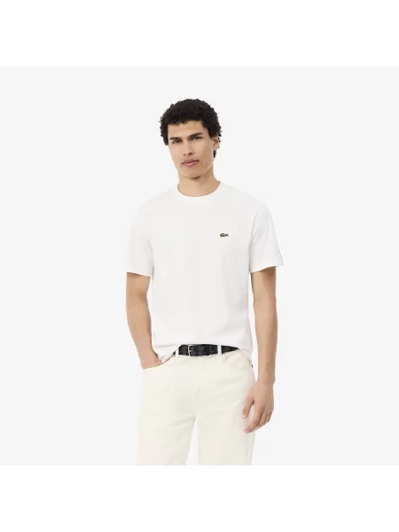 Lacoste Koszulka Z Grubej Bawełny Z Paskiem Logo Kremowa biały