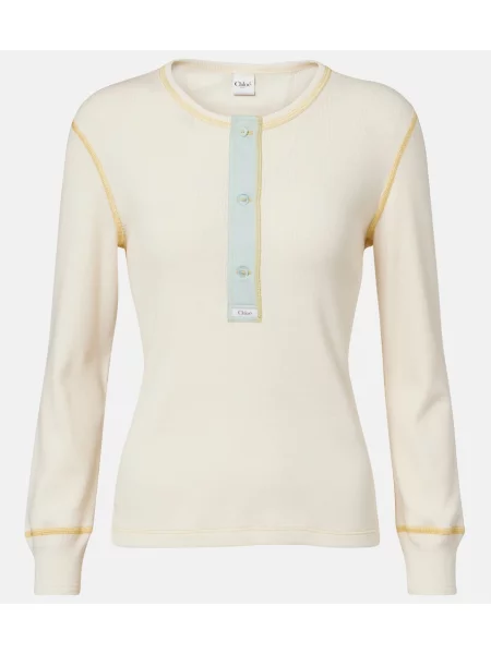 Cămașă Chloé tricotate cu guler henley alb