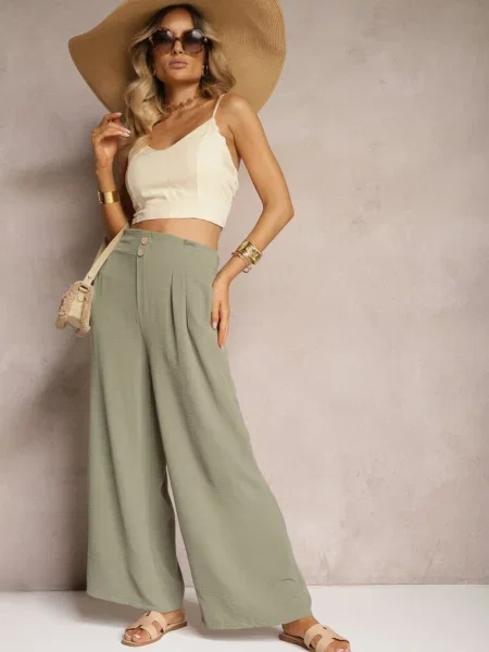 Ciemnozielone Spodnie w Stylu Alladynek High Waist Wykończone Gumką w Pasie Riselma zielone