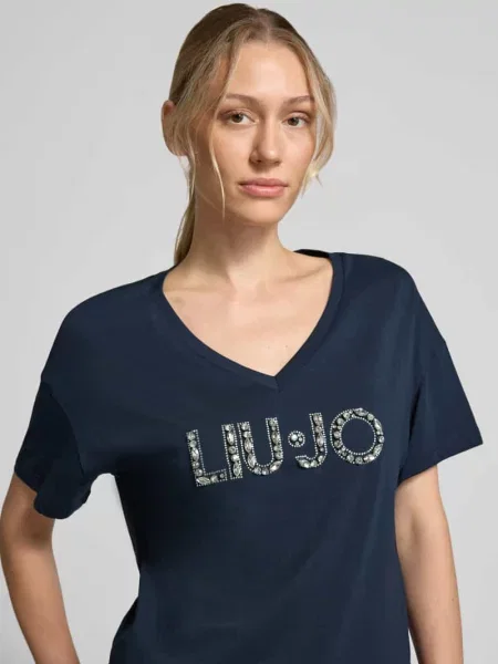 T-shirt o kroju regular fit z czystej bawełny Liu Jo White granatowa