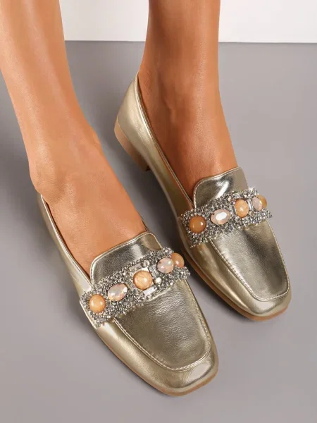 Mocasini cu Pietre și Perle pe Cataramă Sybilla aurii