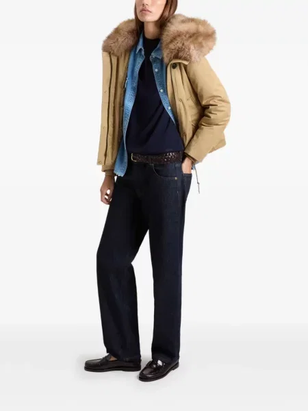 Кожена тапицерия яке Woolrich с качулка с козина
