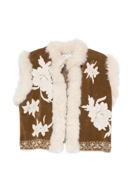 Geacă Forte_forte cu model floral din piele de oaie maro