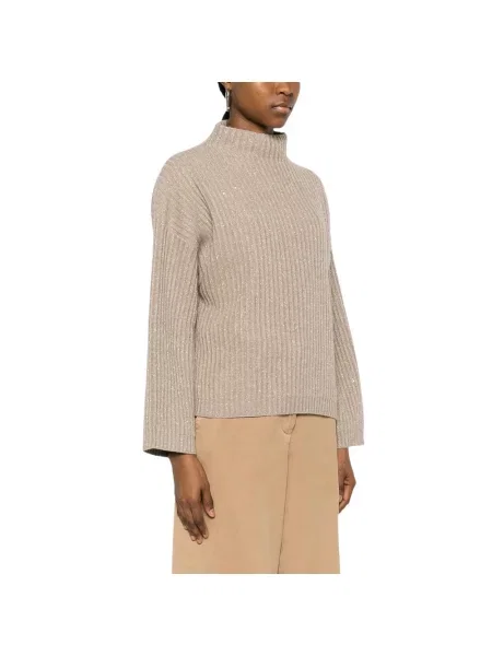 Dzianinowy sweter z golfem Brunello Cucinelli z cekinami beżowy