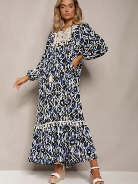 Rochie bleumarin maxi cloș cu volan Maruerilla