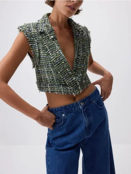 Reserved Короткий твідовий жилет світло-зелений зелений