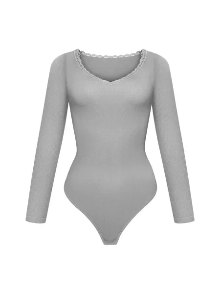 Cfab Body Ribbed Longsleeve V-Neck Sculpting Lace Bodysuit with String sötétszürke
