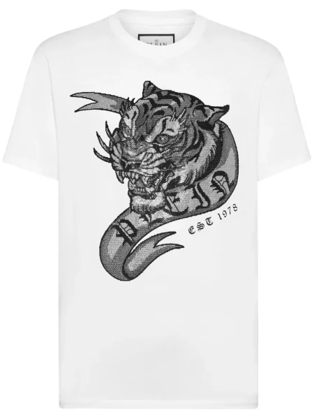 Tricou Philipp Plein cu imagine cu dungi de tigru alb