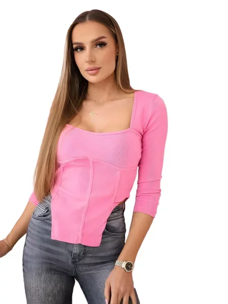 Žebrovaná halenka s výstřihem světle růžová