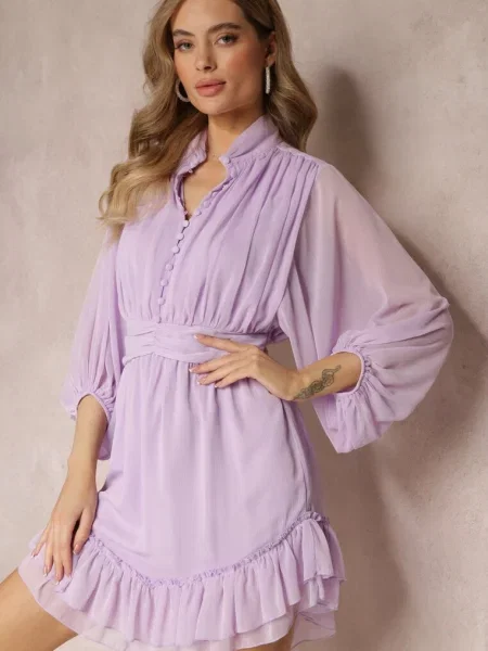 Sukienka Mini z Ozdobnymi i Rękawem Parissa fioletowa