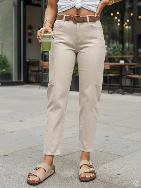 Jeansy mom fit casual Dstreet beżowe