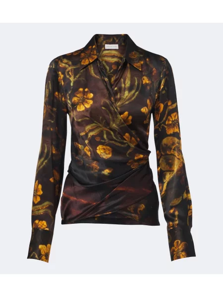 Top Dries Van Noten din satin cu model floral drapat maro