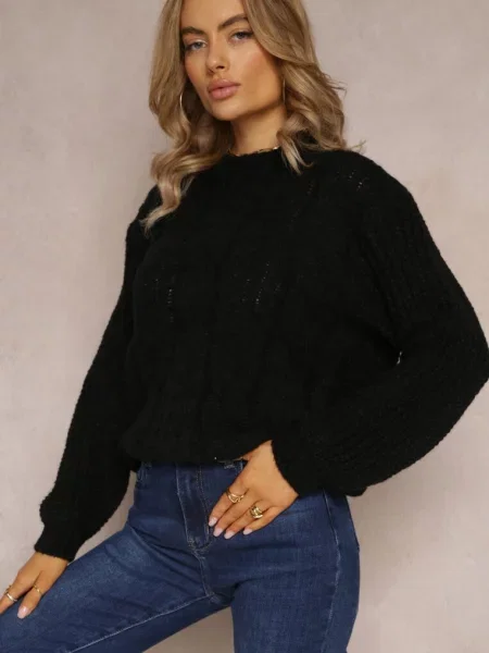 Sweter o Klasycznym Fasonie z Modnym Splotem Siloma czarny