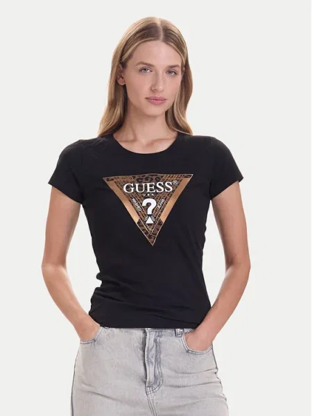 GUESS Tricou maro / auriu alb negru