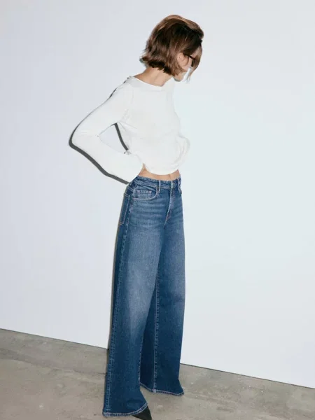 Jeansy wide leg z wysokim stanem Kobieta 34 MANGO ciemnoniebieski