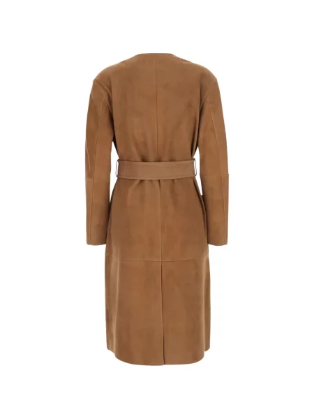 Cu centură palton Max Mara din piele de căprioară maro