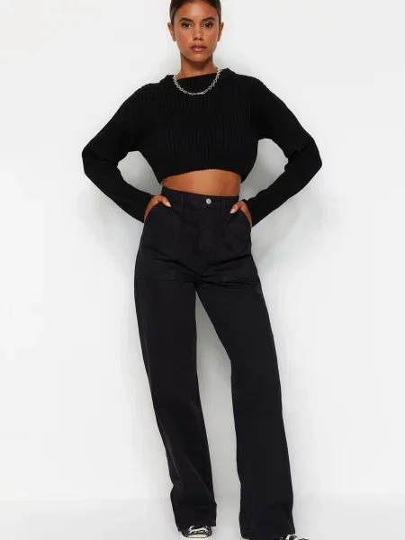 Blugi cu picior larg Trendyol cu talie înaltă negru