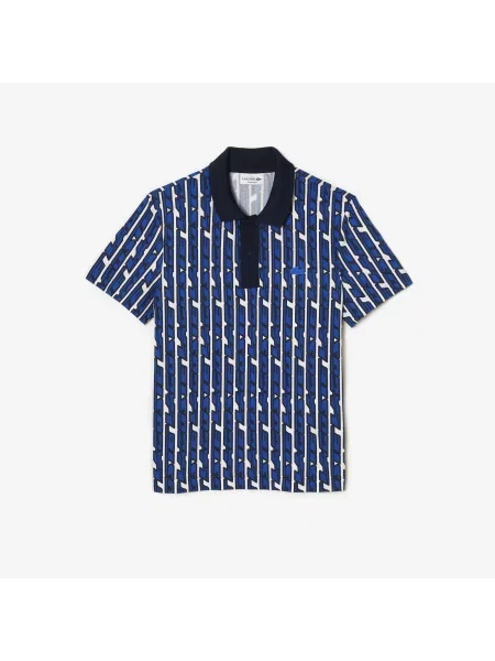 Lacoste Dwukolorowa Koszulka Polo Z Nadrukiem I Elastyczną Pikowaną Tkaniną Lacoste niebieska