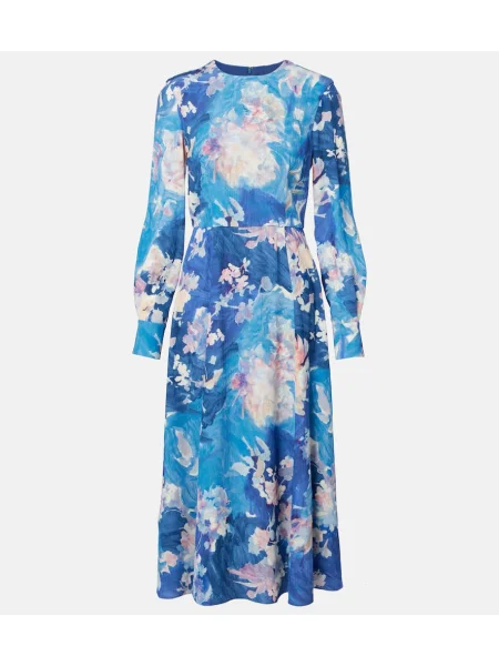 Satynowa sukienka koktajlowa Erdem w kwiatki garniturowa niebieska