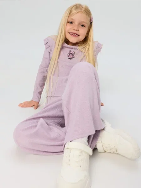 Sinsay Žebrovaný komplet: halenka s volánky a kalhoty Stitch světle fialová