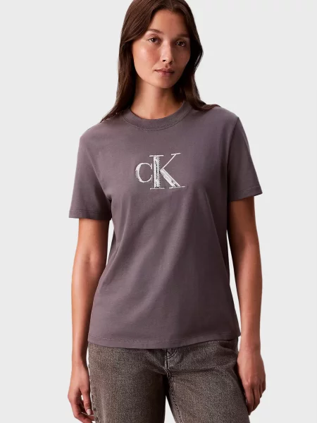 Графічний футболка Calvin Klein Jeans з паєтками сіра