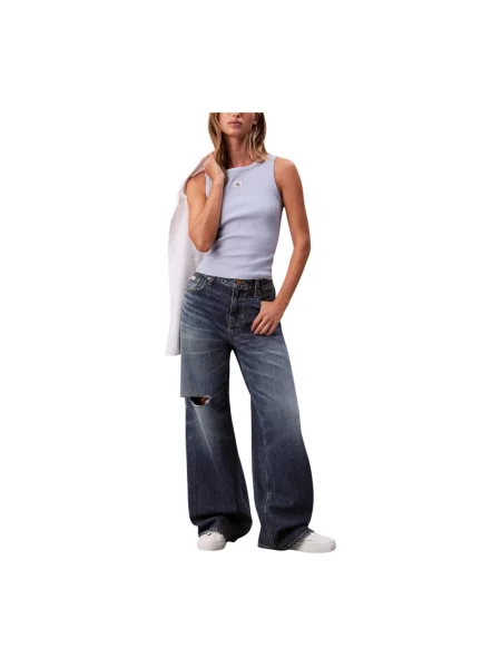 Top dżinsowy Calvin Klein bez rękawów z okrągłym dekoltem niebieski