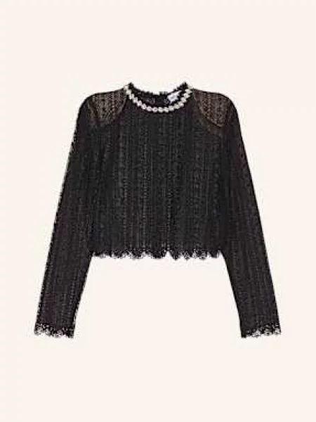 Self-Portrait Koszulka Z Długim Rękawem Z Dziurkowanej Koronki Z Ozdobnymi Kamykami schwarz czarny