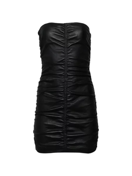Rochie mini Alexander Wang din piele cu volane fără bretele negru