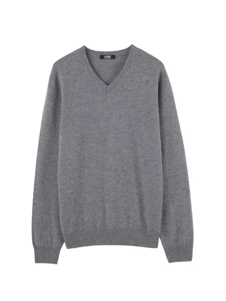 GOBI Cashmere Pulover Men's Essential Cashmere V-Neck Sweater denim gri