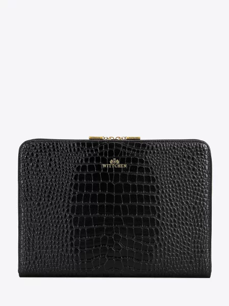 Skórzana torba na laptopa z tłoczeniem croco czarna