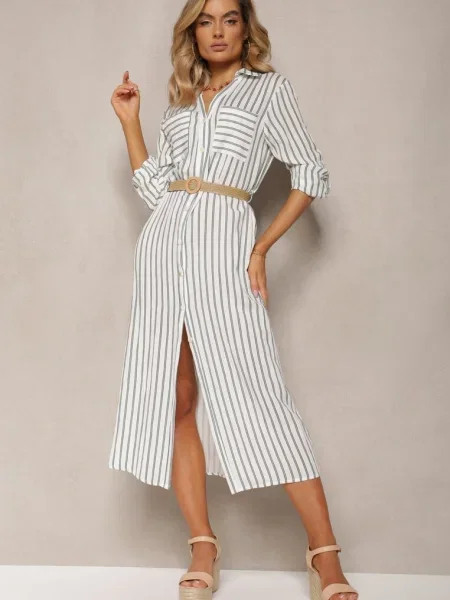 Rochie Midi Cu Dungi Verde-Alb Cu In Si Impletita Efordia alb