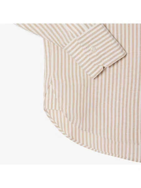 Lacoste Lniana Koszula W Paski Oversize Kremowa Kremowy
