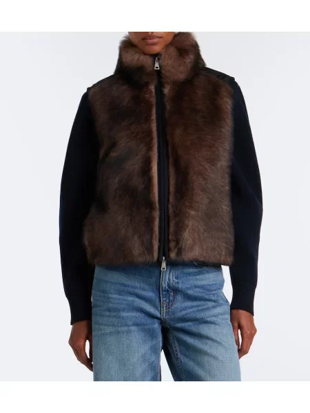 Vestă din puf Moncler din piele de oaie maro