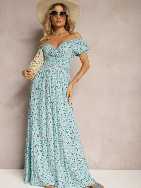 Rochie din cu flori cu decolteu triunghiular și în talie Lasteri albastră