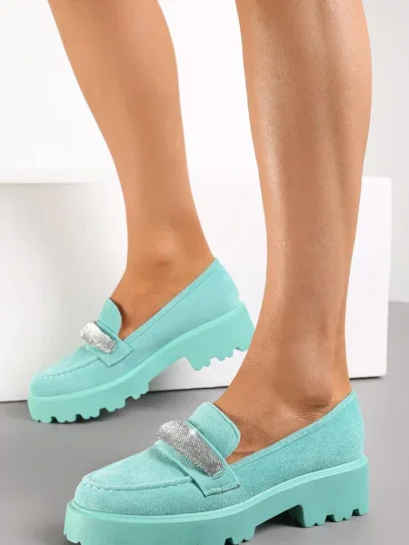 Mocasini cu Cataramă cu Zirconiu și Talpă Groasă Degase verzi