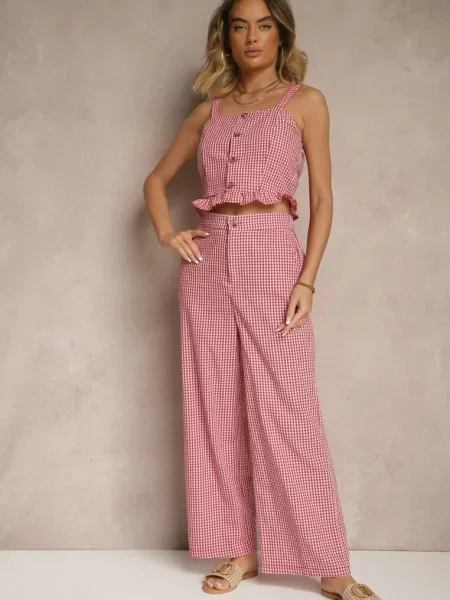 Spodnie z Bawełny w Kratkę Vichy z Szeroką Nogawką Iffele czerwone