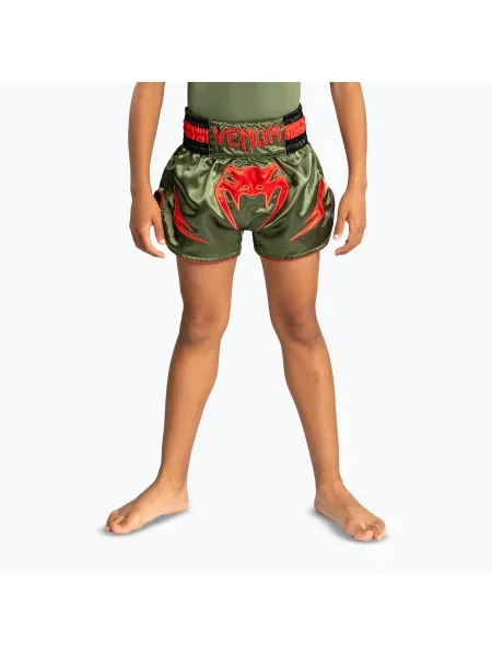 Pantaloni scuți de antrenament pentru copii Venum Inferno Kids Muay Thai army green/orange verde