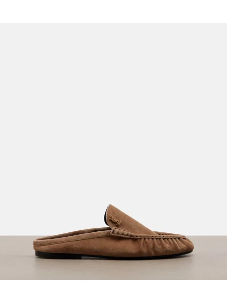 Papuci tip mules Saint Laurent din piele de căprioară bej